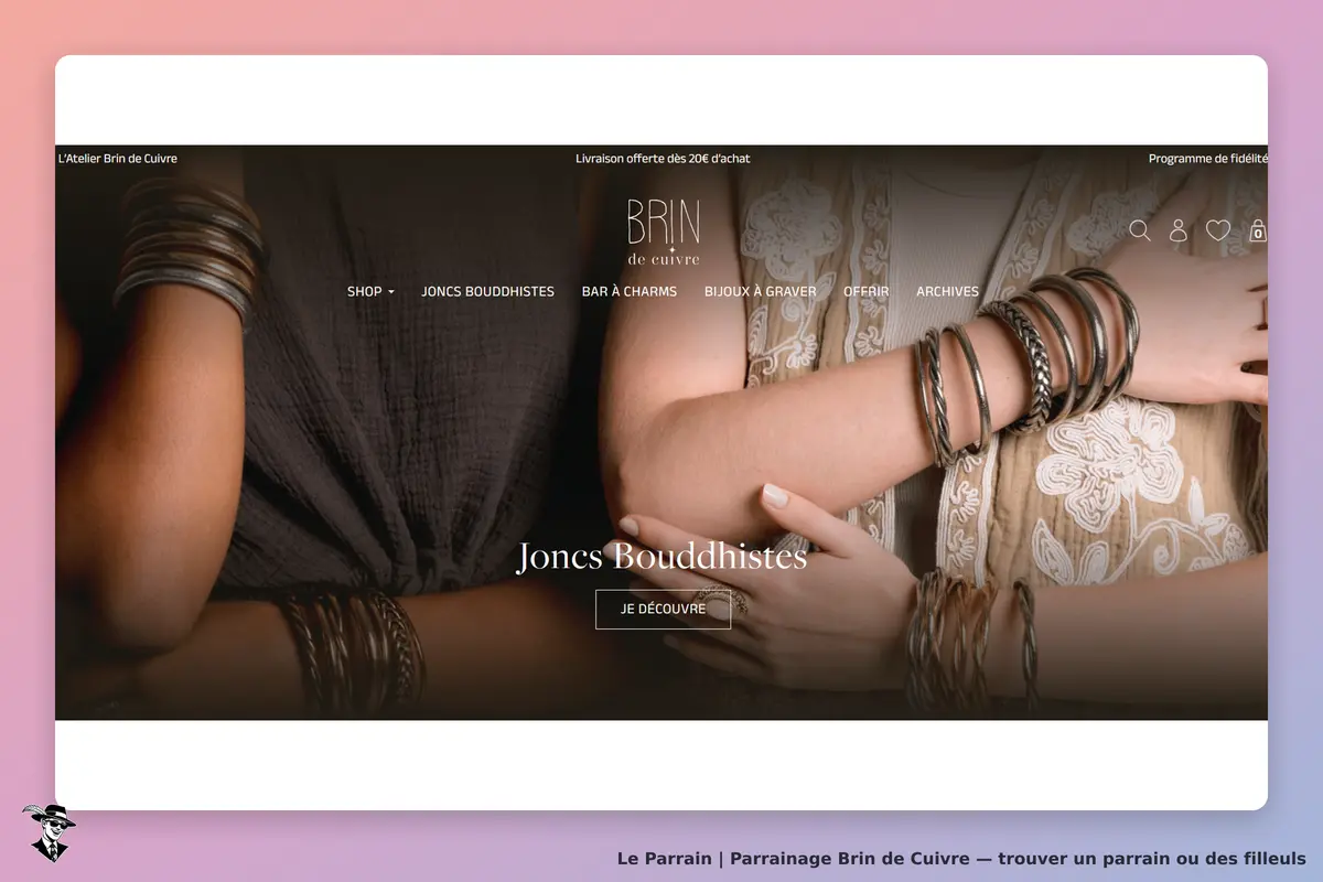 Brin de Cuivre : deux bras portant des bracelets, avec le texte "Joncs Bouddhistes" au centre