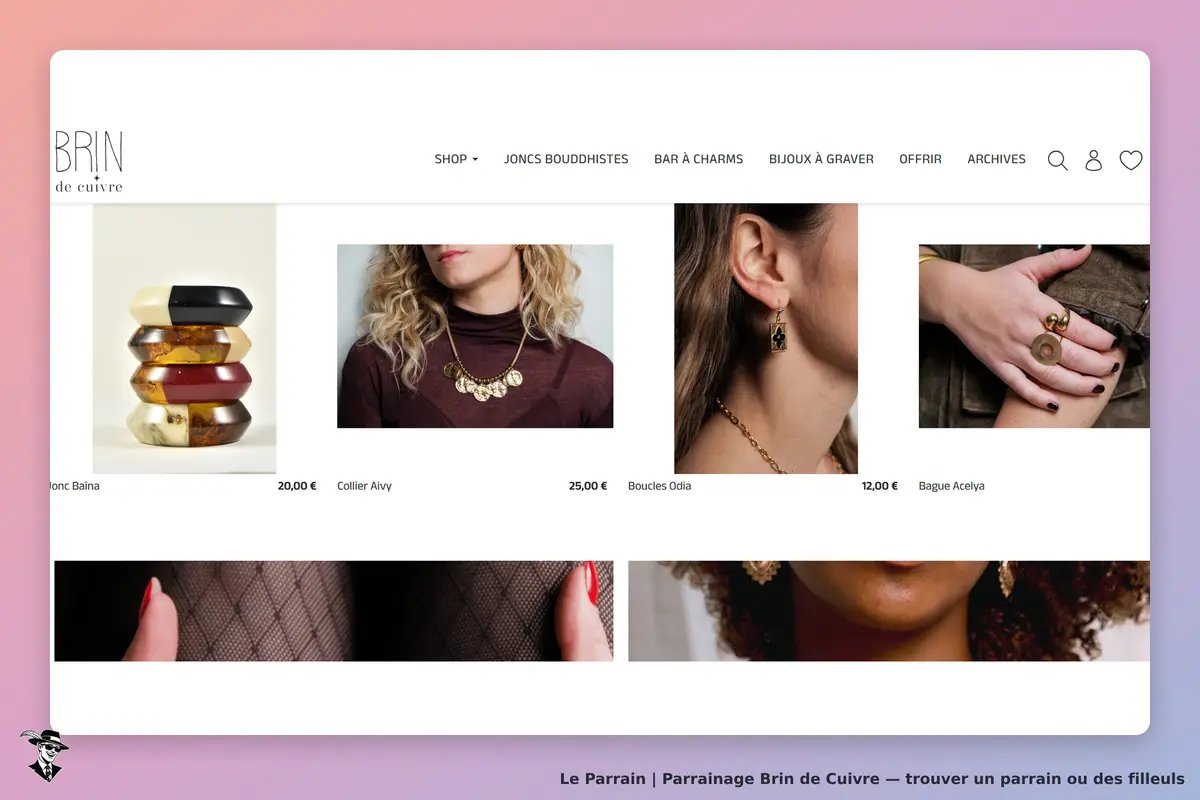 Brin de Cuivre : page d'accueil présentant des bijoux et accessoires variés avec images et prix