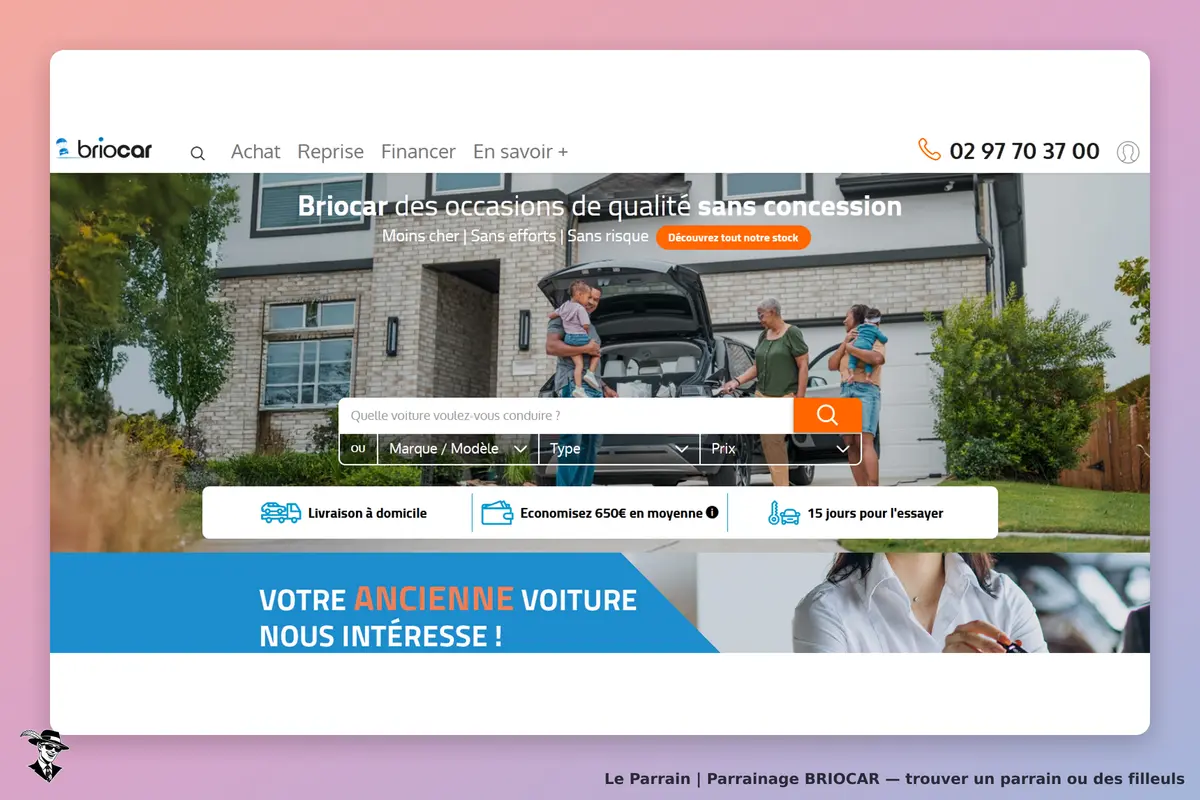 BRIOCAR : page d'accueil avec un formulaire de recherche et des personnes près d'une voiture