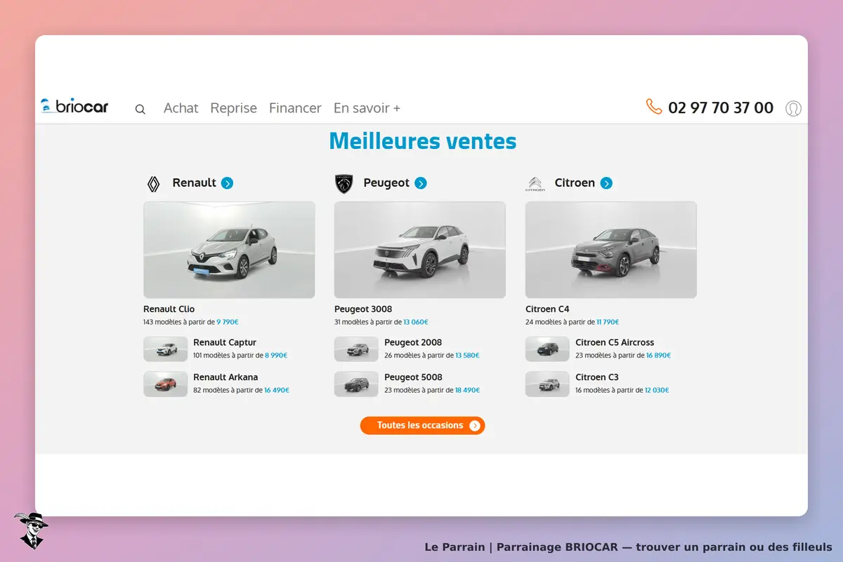 BRIOCAR : page d'accueil avec les meilleures ventes de voitures Renault, Peugeot et Citroën