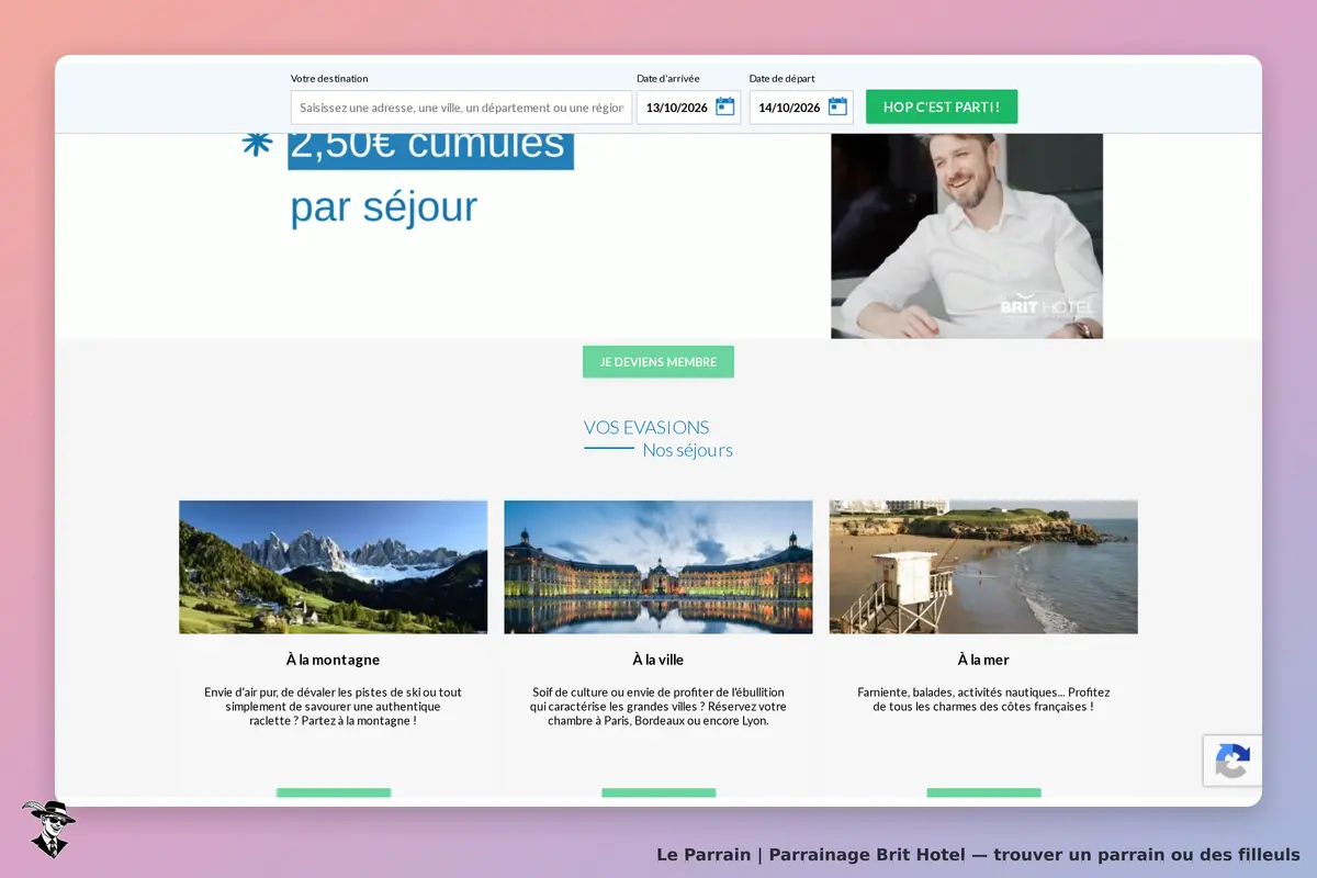 Brit Hotel : page d'accueil avec formulaire de recherche et sections sur les séjours
