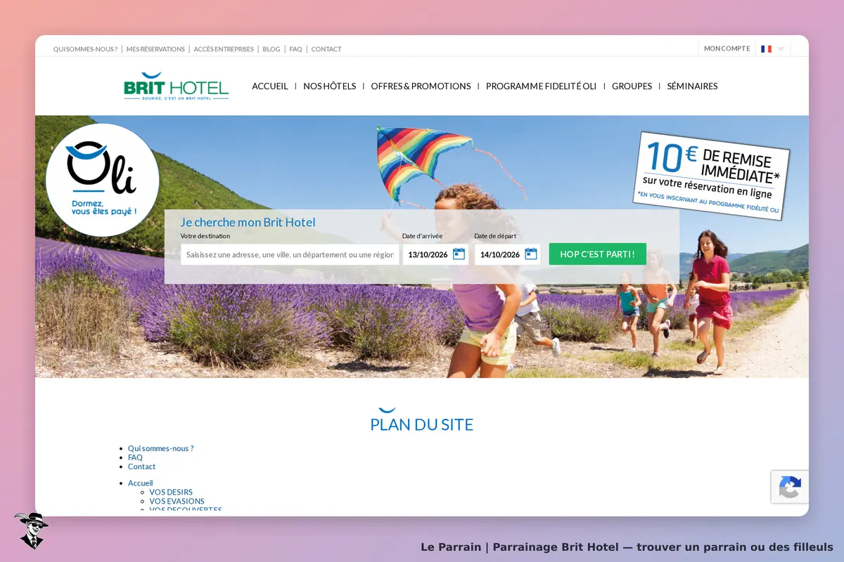 Brit Hotel : page d'accueil avec un formulaire de recherche et une image de champs de lavande