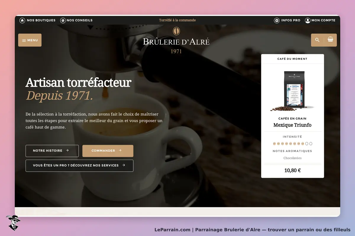 Brulerie d'Alre : brûlerie d'Alré : page d'accueil avec un café en grain et des boutons pour