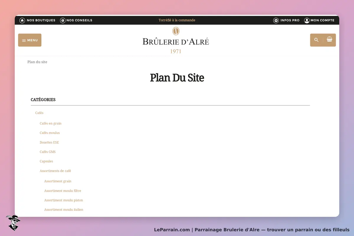 Brulerie d'Alre : brûlerie d'Alré : plan du site avec catégories de cafés et produits affichés
