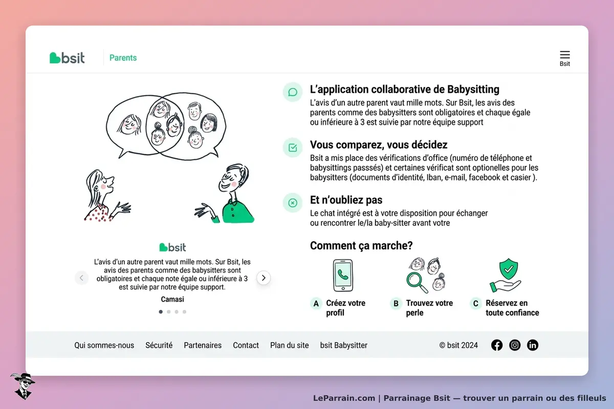 Bsit : page d'accueil présentant l'application de babysitting avec illustrations et instructions