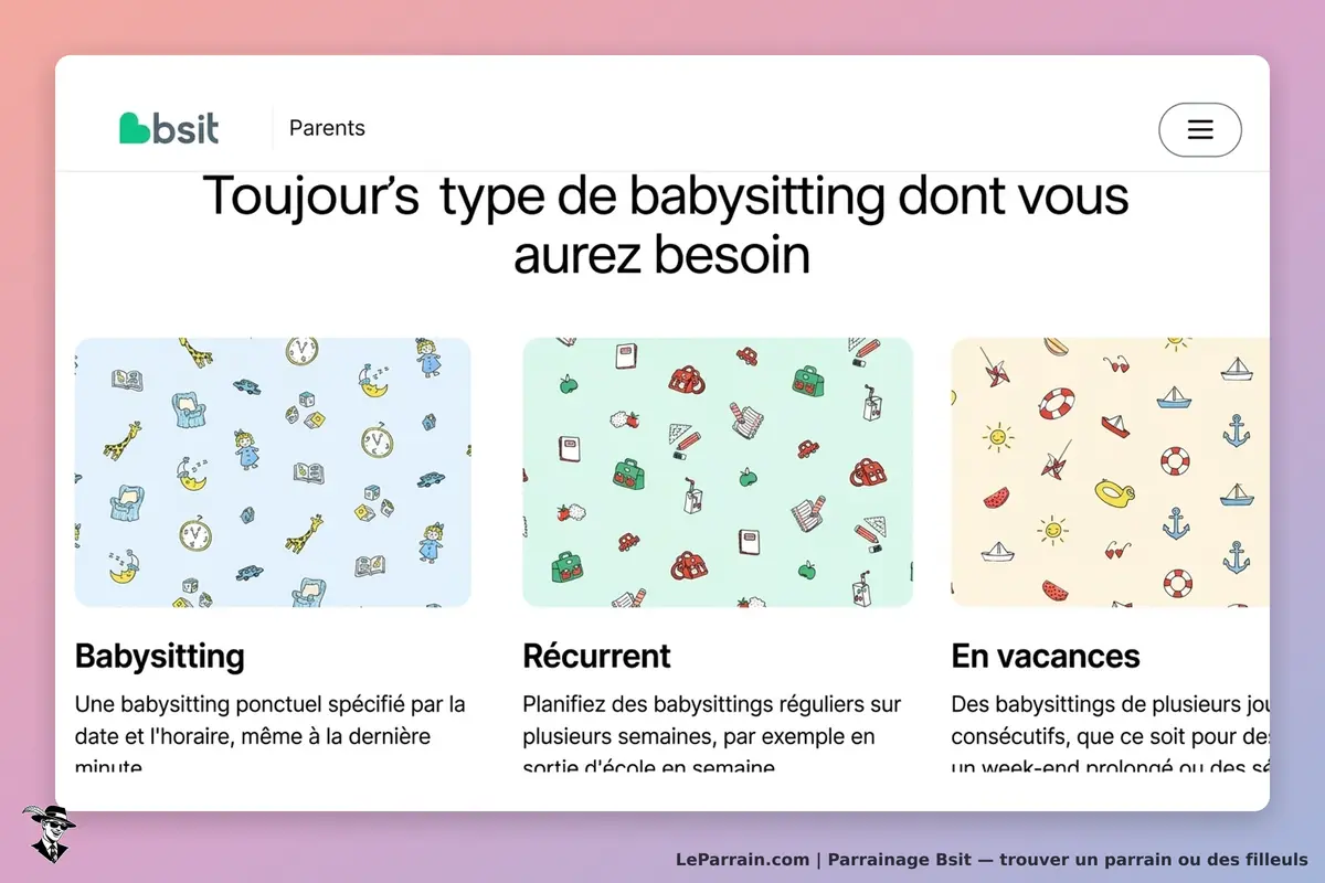 Bsit : types de babysitting présentés avec des illustrations colorées et des descriptions