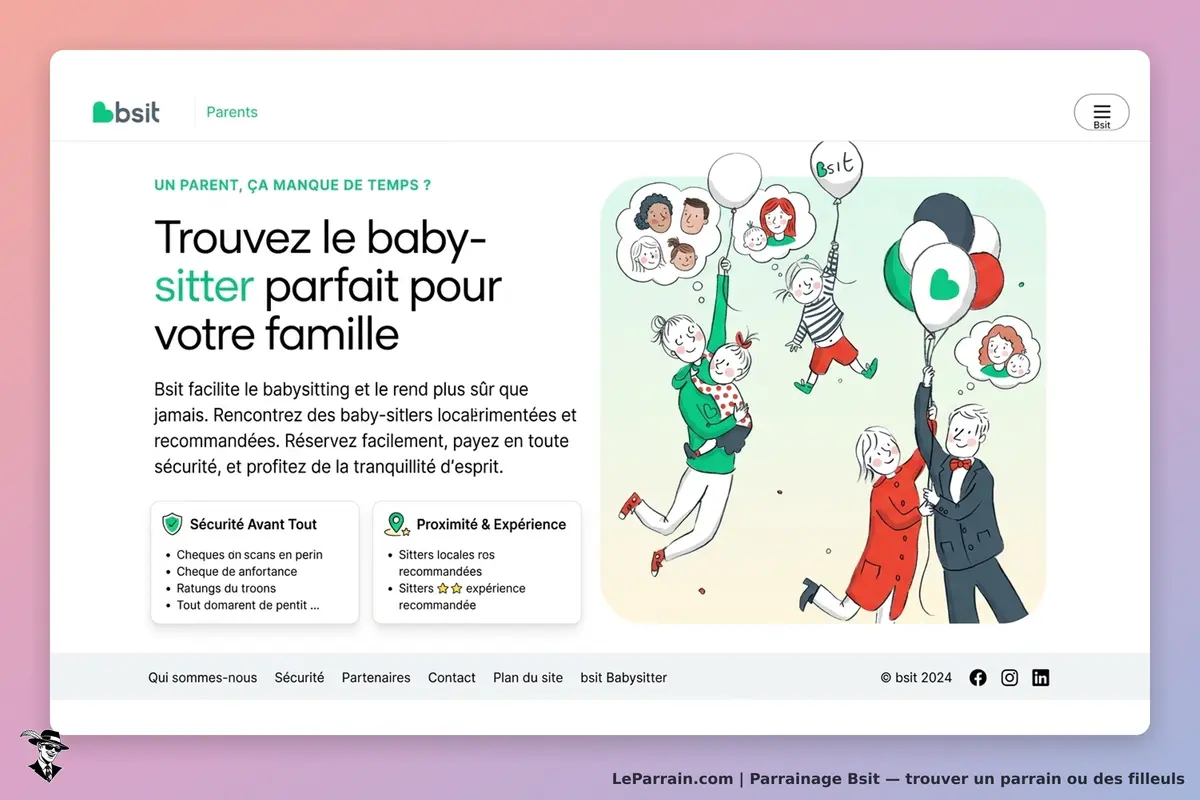 Bsit : page d'accueil présentant le service de babysitting avec illustrations colorées et texte
