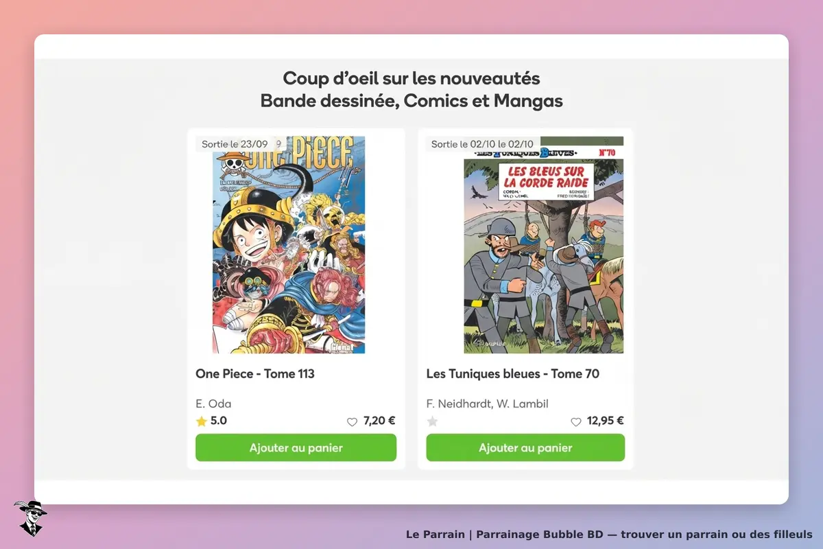 Bubble BD : nouveautés de bandes dessinées avec couvertures et options d'ajout au panier