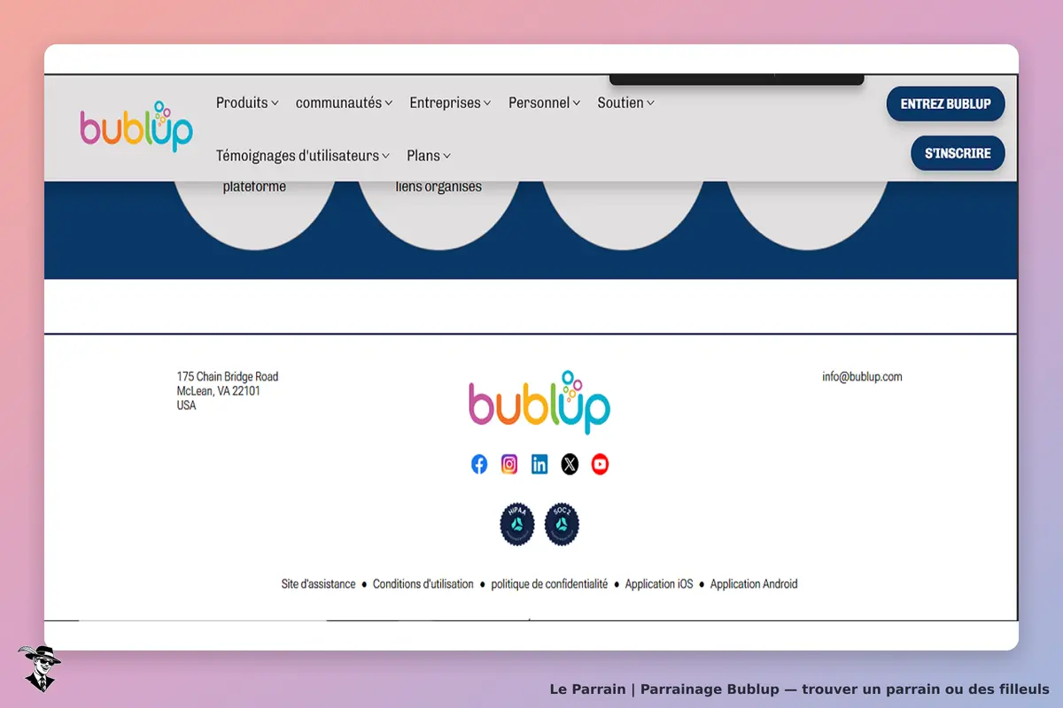 Bublup : page d'accueil avec menu, logo et informations de contact en bas