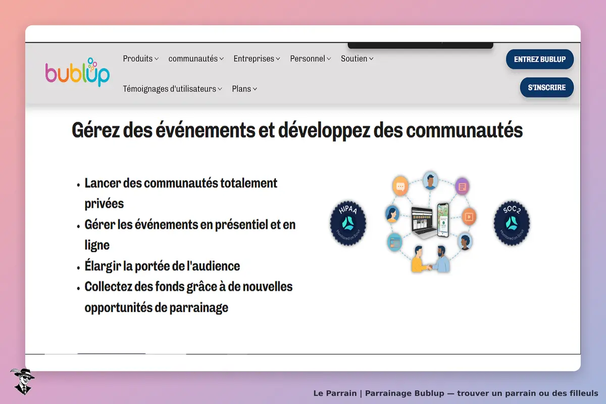Bublup : page d'accueil présentant des services pour gérer événements et communautés
