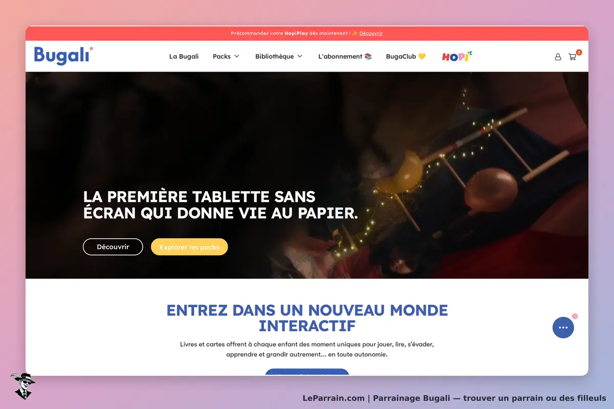 Bugali : page d'accueil présentant une tablette innovante et un monde interactif pour enfants