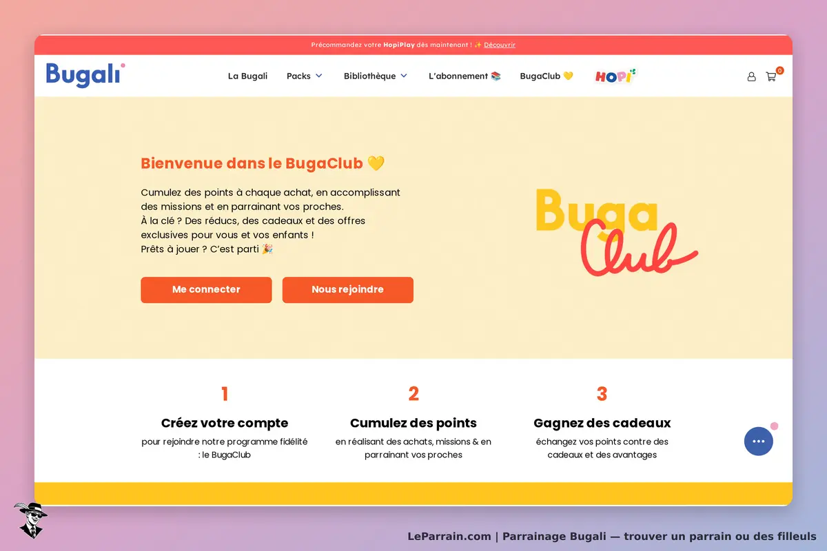 Bugali : page d'accueil du BugaClub avec options de connexion et d'inscription, et étapes