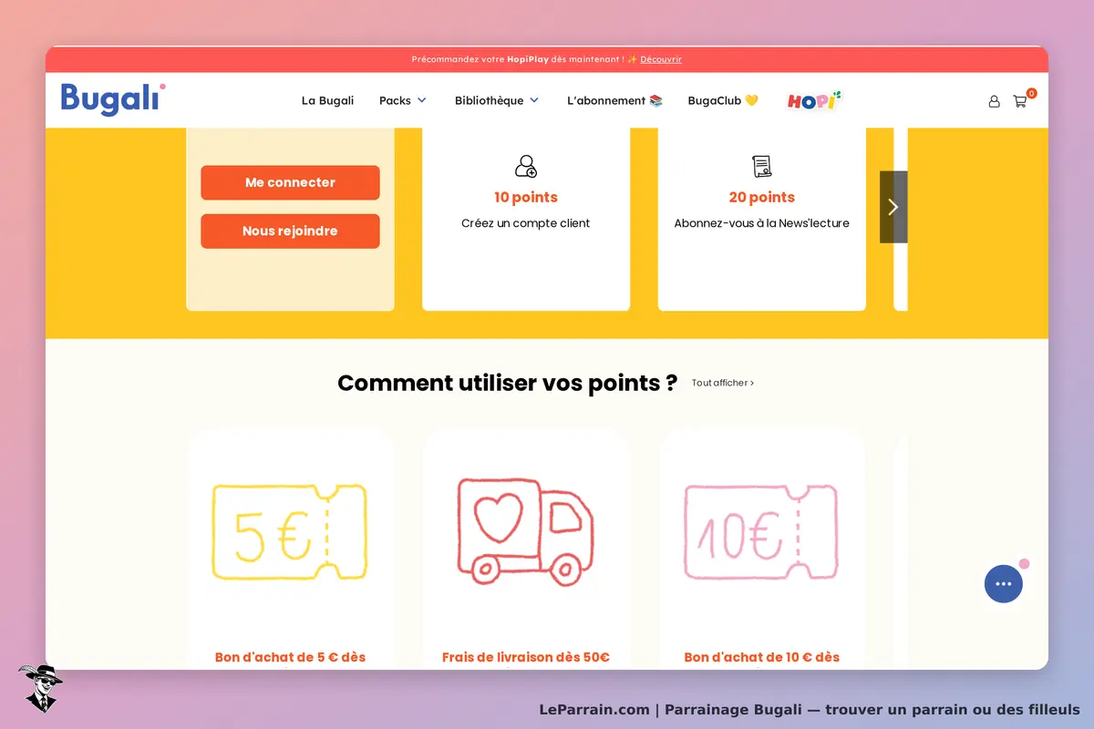 Bugali : page d'accueil avec options de connexion et d'inscription, explication des points