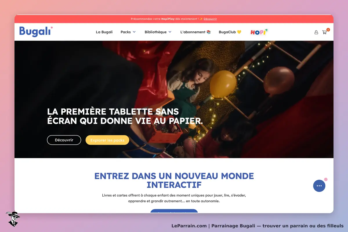 Bugali : page d'accueil présentant une tablette et des enfants jouant avec des ballons