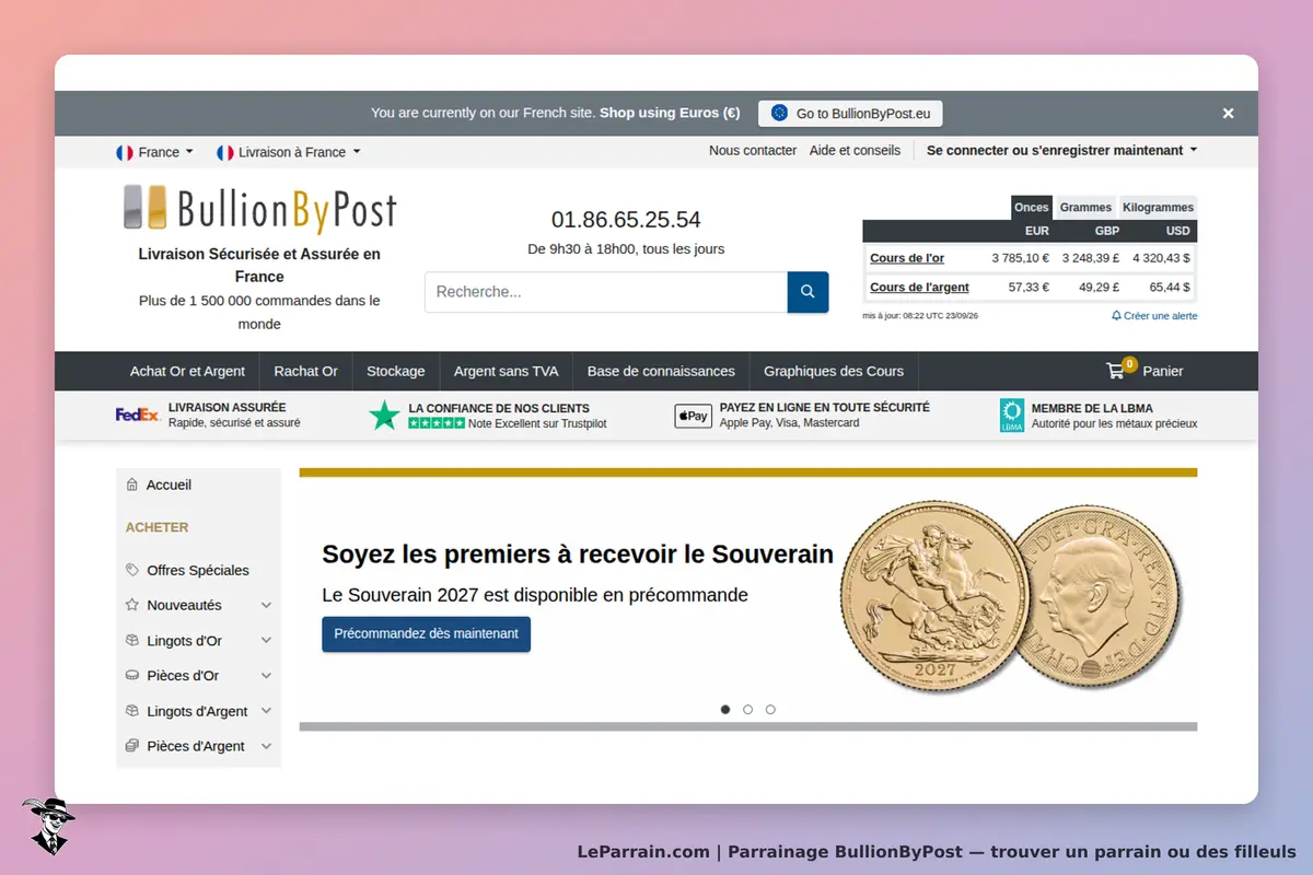BullionByPost : page d'accueil avec informations sur le Souverain 2027 et pièces affichées
