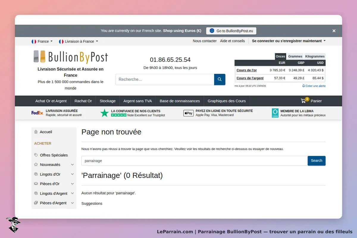 BullionByPost : page d'accueil avec message d'erreur et options de navigation sur le site