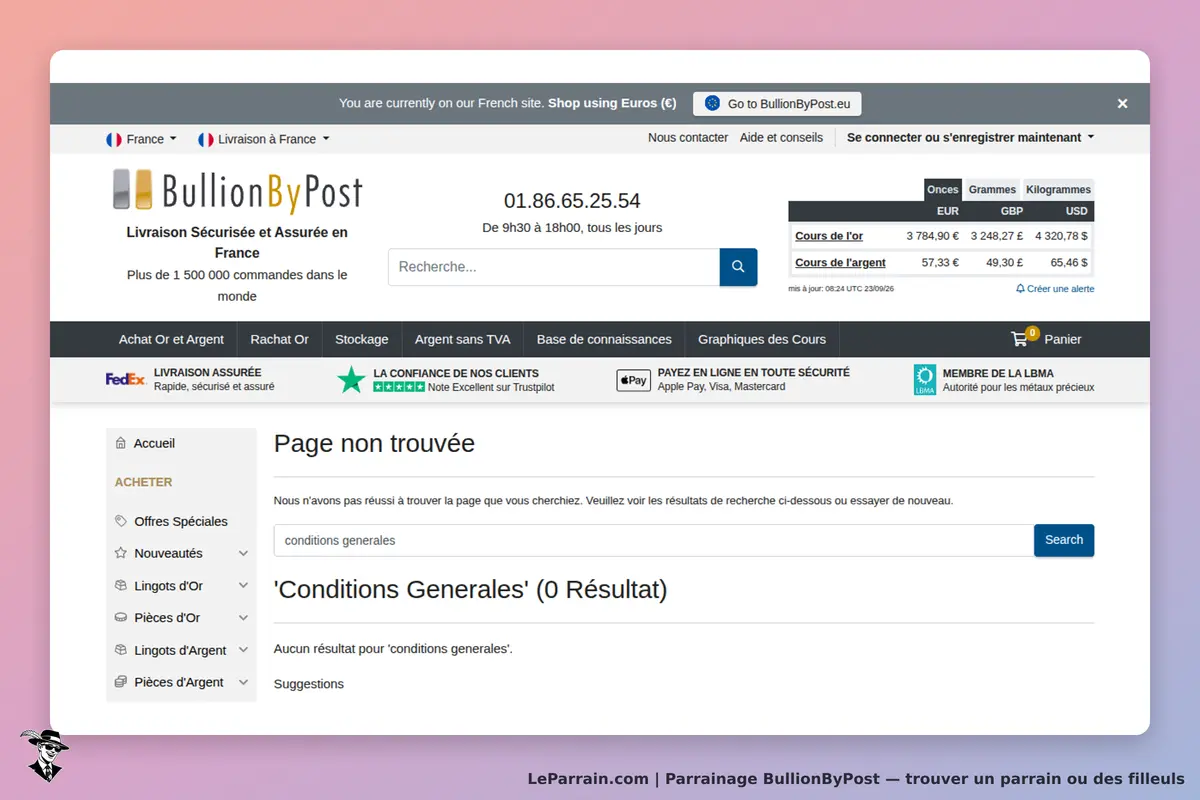 BullionByPost : page d'accueil affichant un message d'erreur "Page non trouvée" et options de