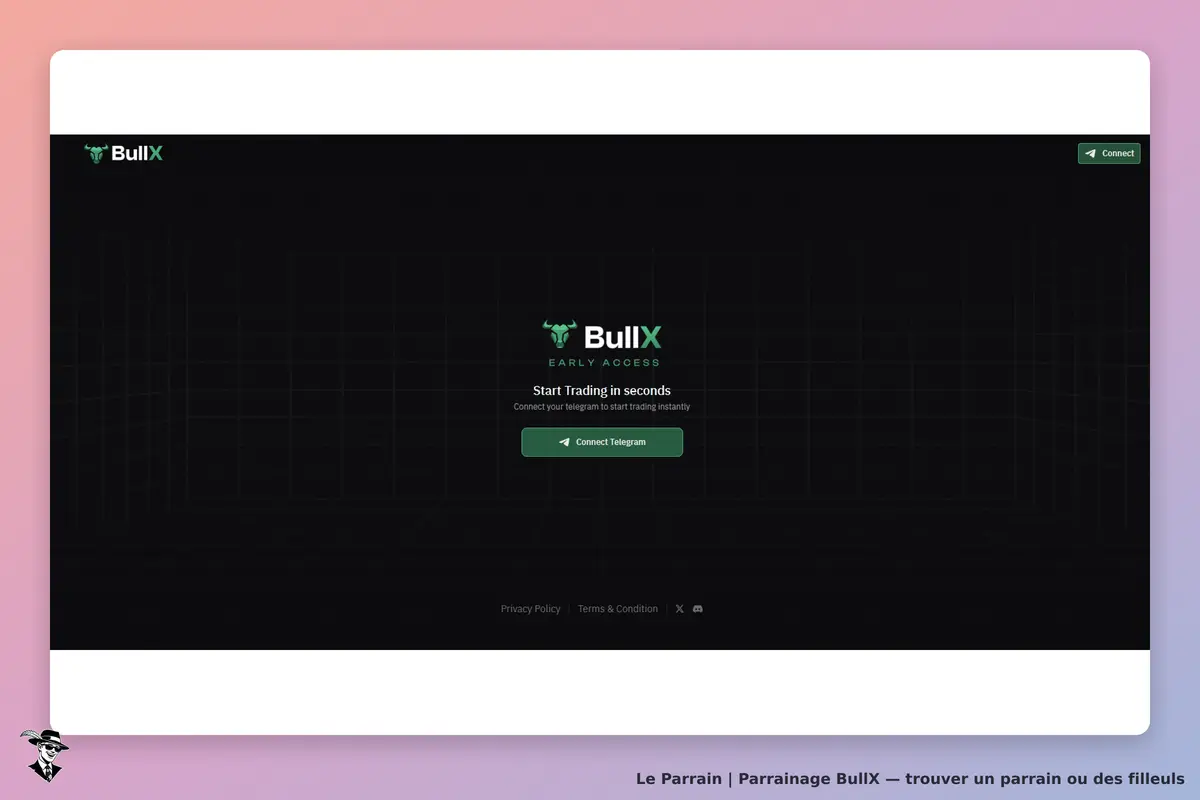 BullX : page d'accueil avec bouton pour se connecter à Telegram et débuter le trading