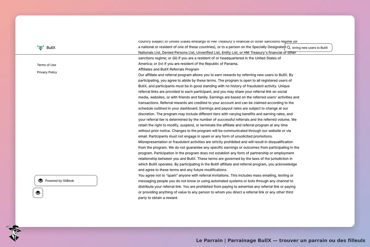 BullX : section des conditions officielles décrivant le programme de parrainage, ses récompenses variables et ses règles de diffusion.