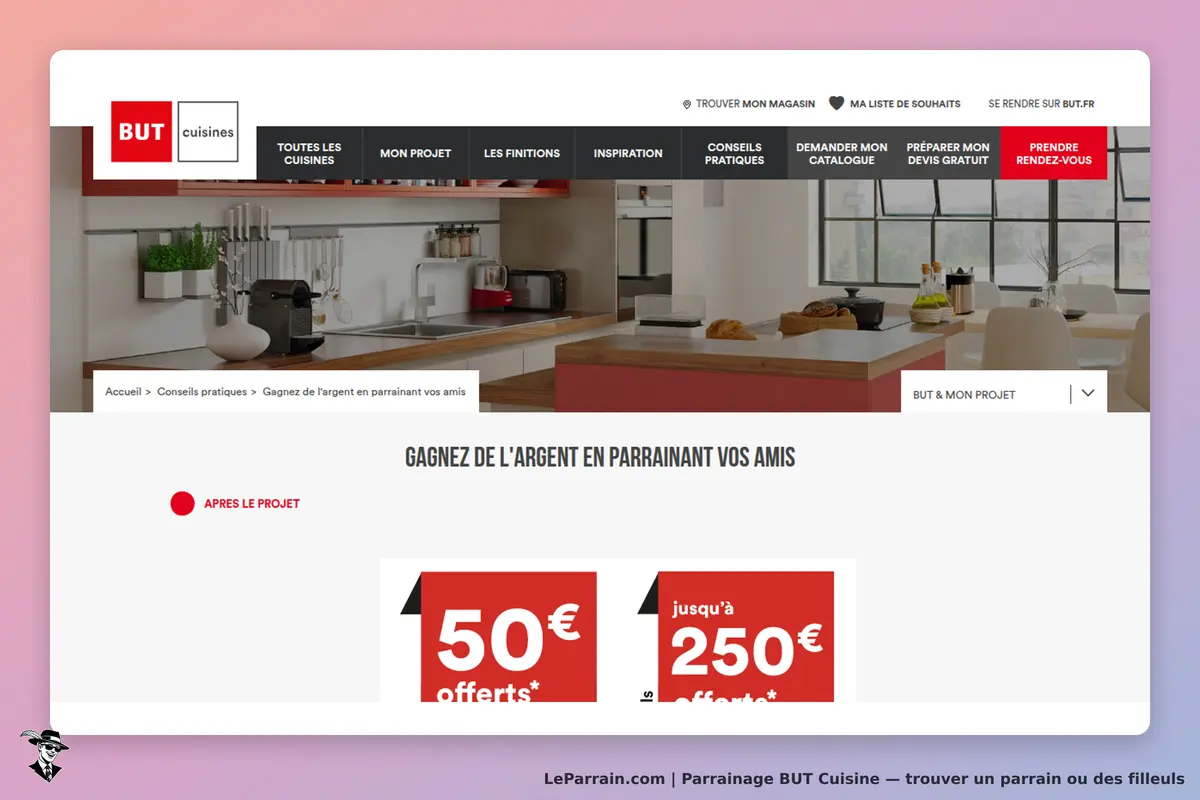 BUT Cuisine : page d'accueil avec une cuisine moderne et des options de parrainage visibles