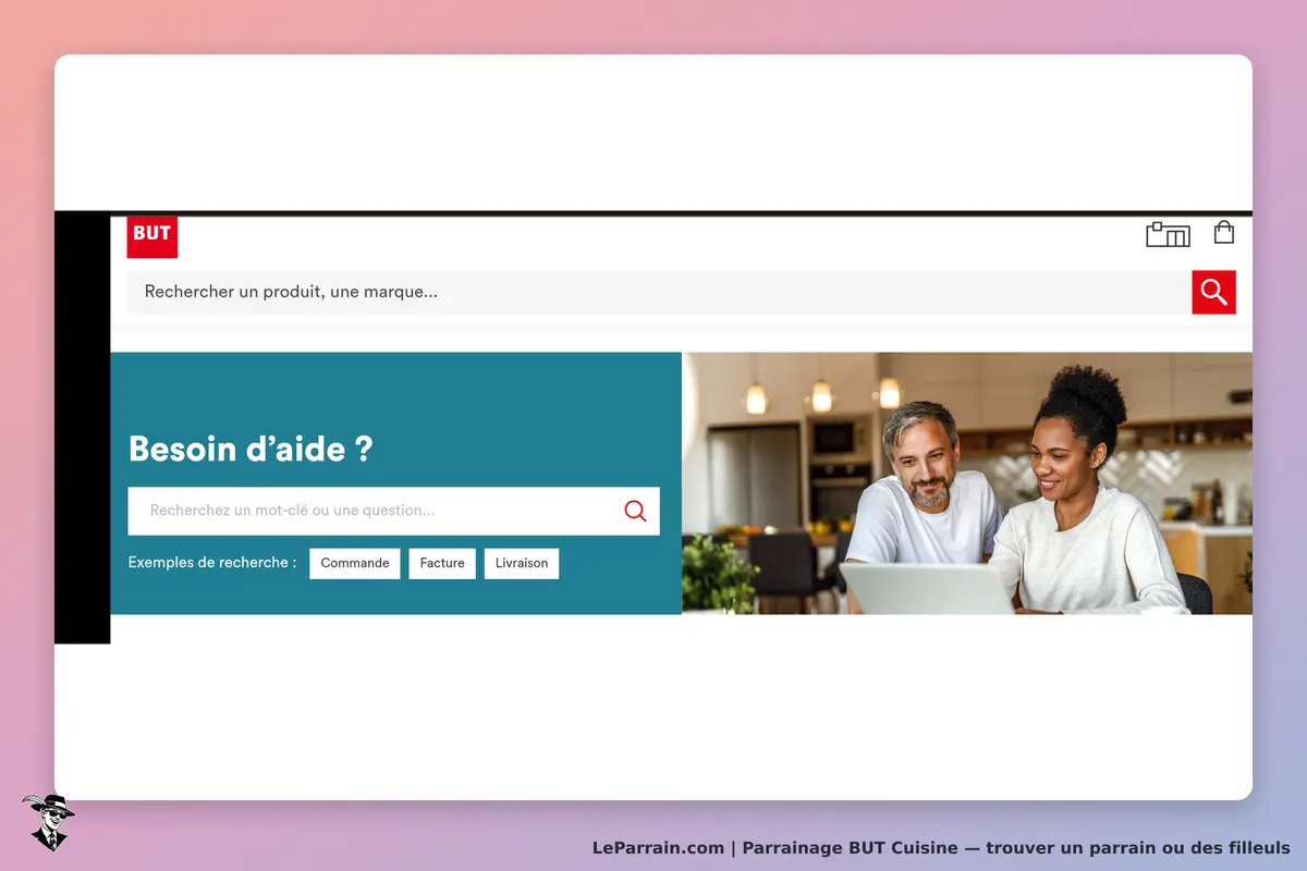 BUT Cuisine : bUT : page d'accueil avec recherche et section d'aide, couple utilisant un ordinateur