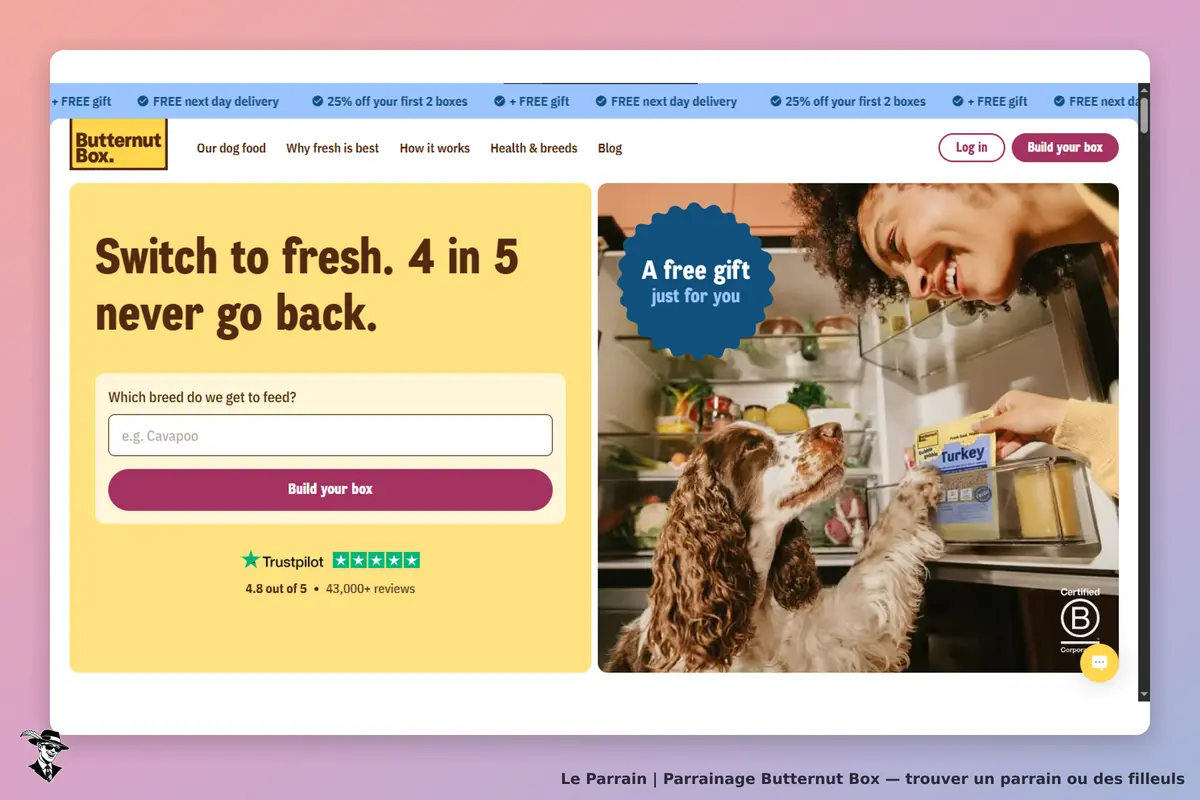 Butternut Box : page d'accueil avec un formulaire et un chien attendant de la nourriture
