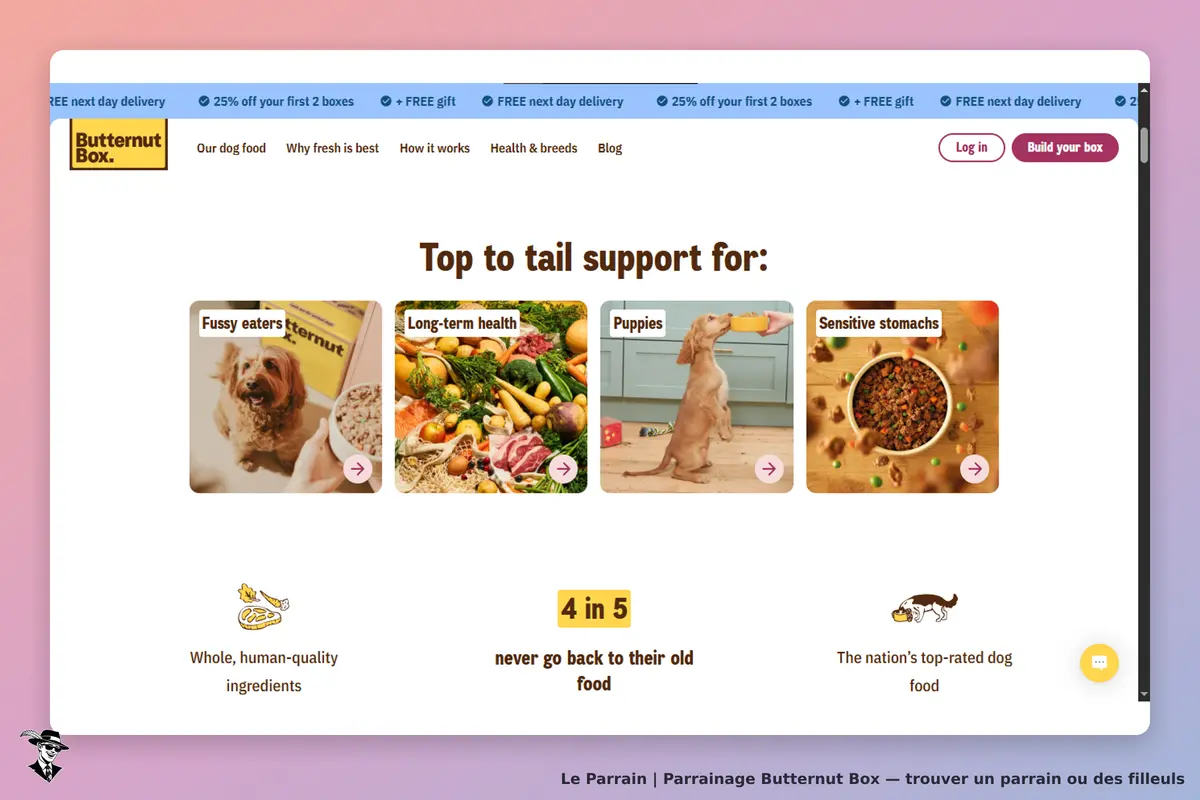 Butternut Box : page d'accueil avec des images de nourriture pour chiens et des catégories