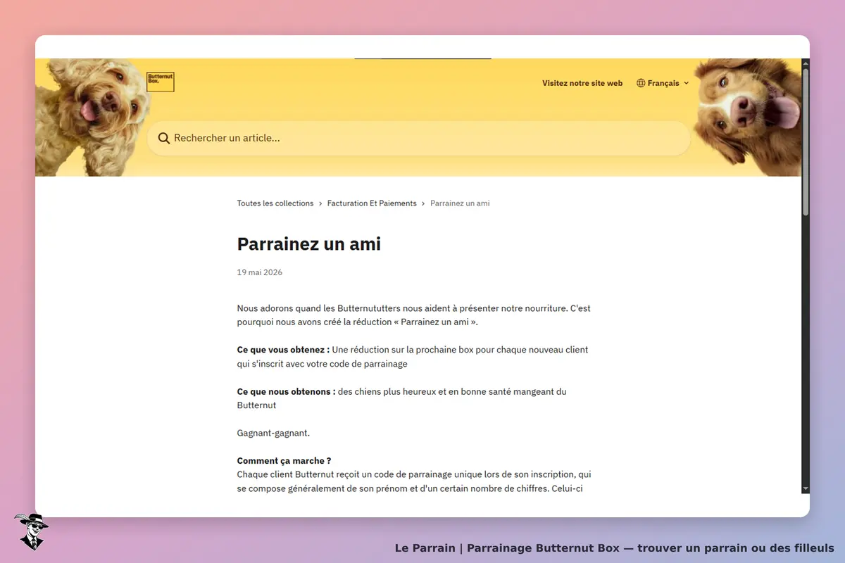 Butternut Box : page sur le parrainage avec texte explicatif et image de chiens en haut