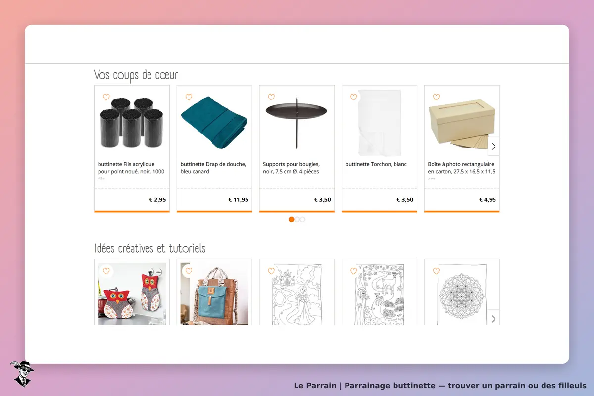 buttinette : sélection de produits créatifs avec images et descriptions sur la page d'accueil