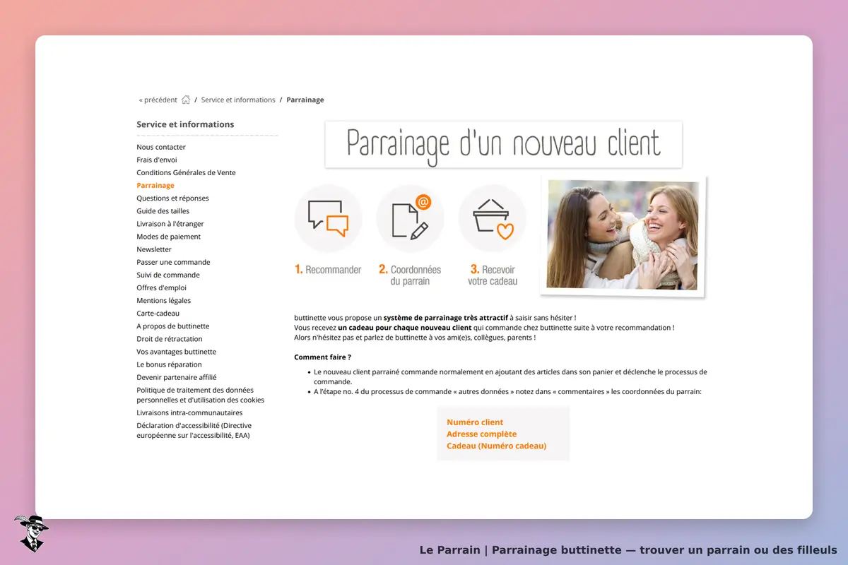 buttinette : page d'informations sur le parrainage avec étapes et explications