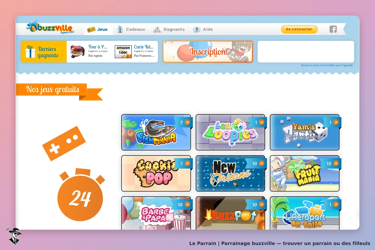 buzzville : page d'accueil avec des jeux gratuits et un bouton d'inscription en haut à droite