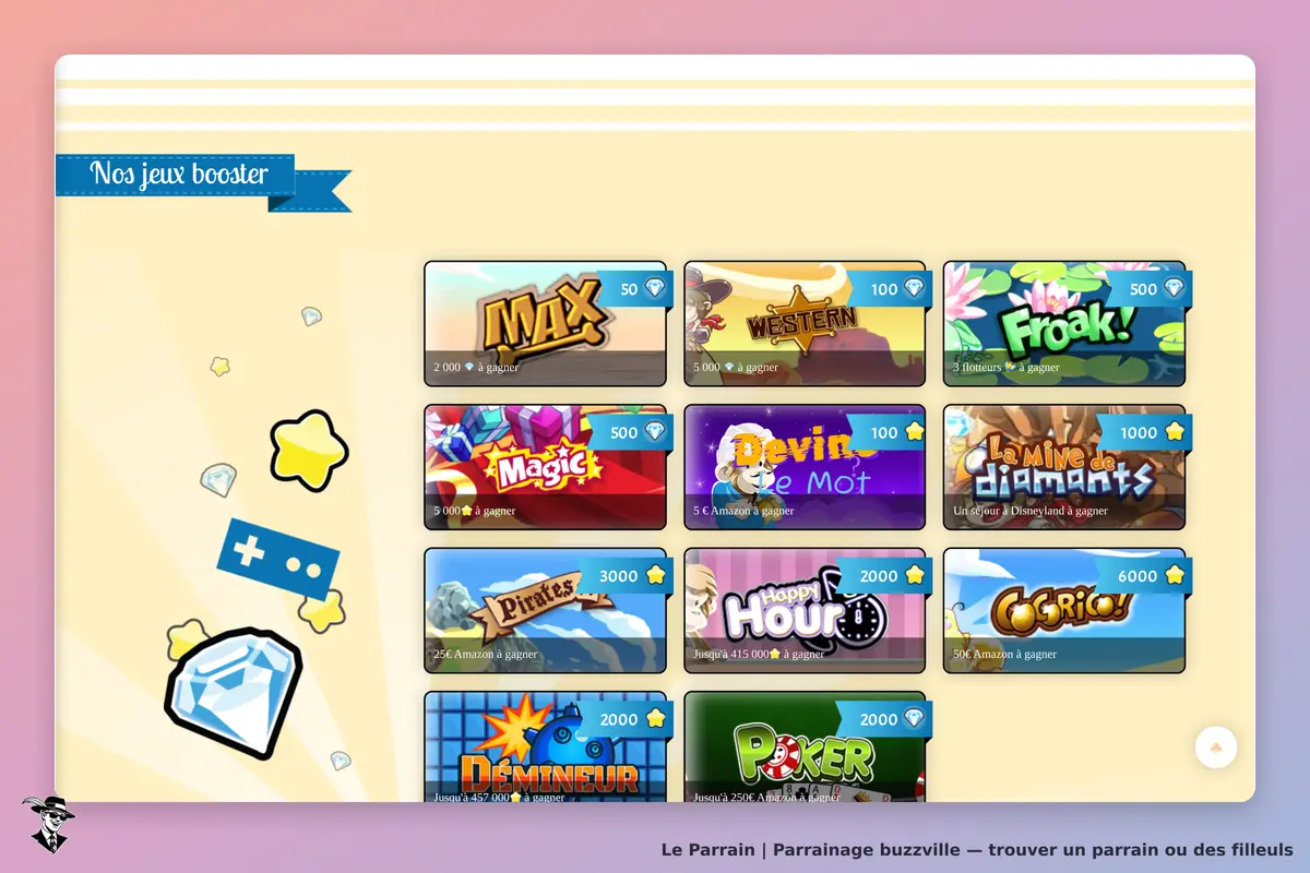 Buzzville : page d'accueil avec divers jeux et illustrations colorées
