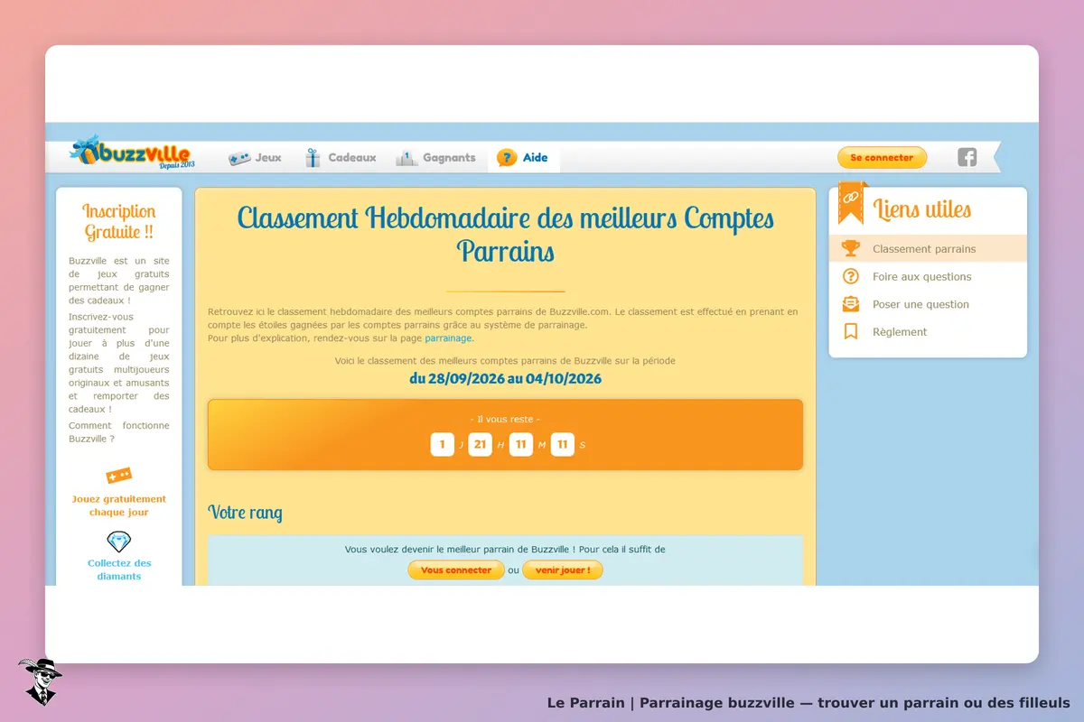 buzzville : classement hebdomadaire des meilleurs comptes parrains avec un formulaire d'inscription