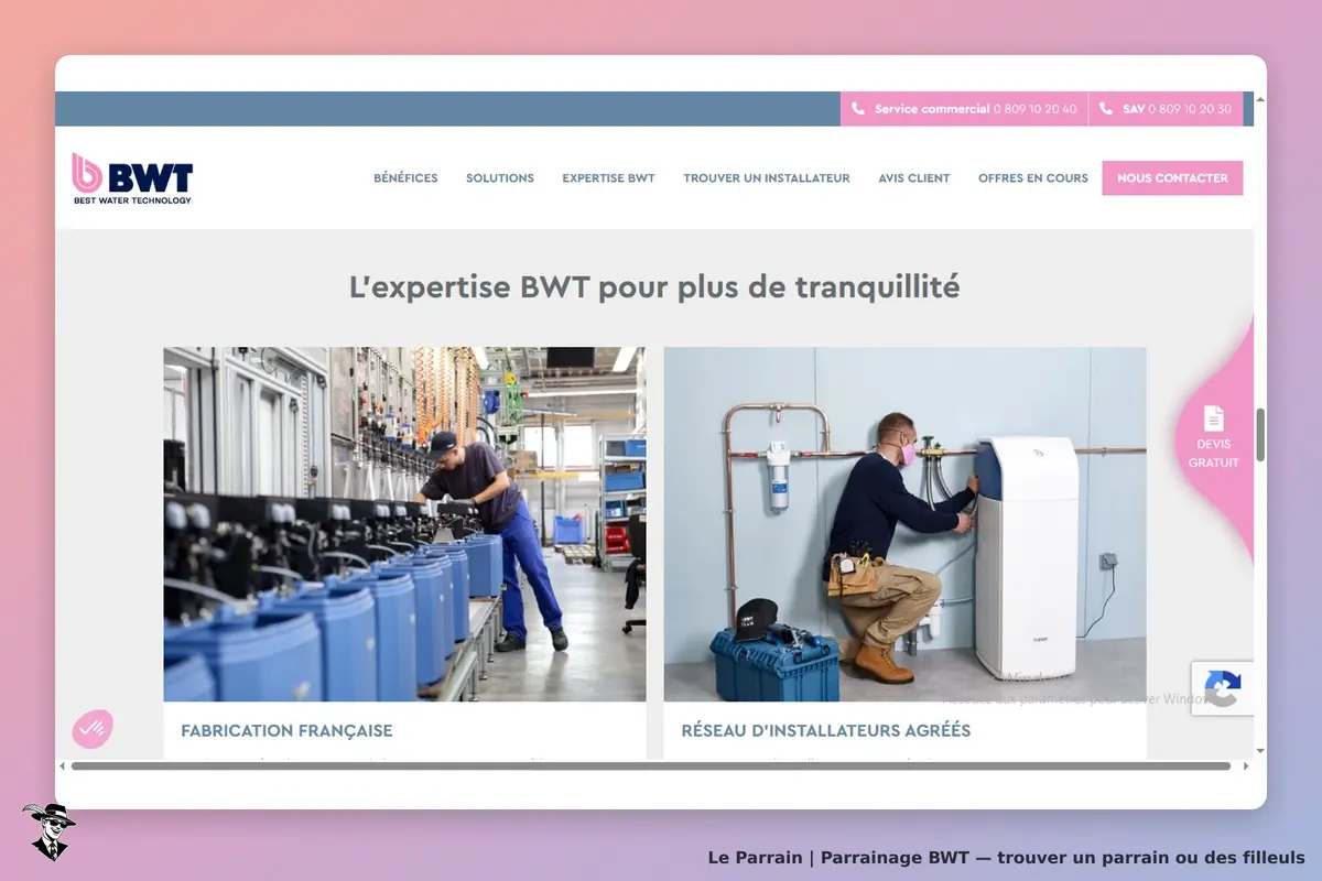 BWT : page d'accueil présentant des images de fabrication et d'installation de produits