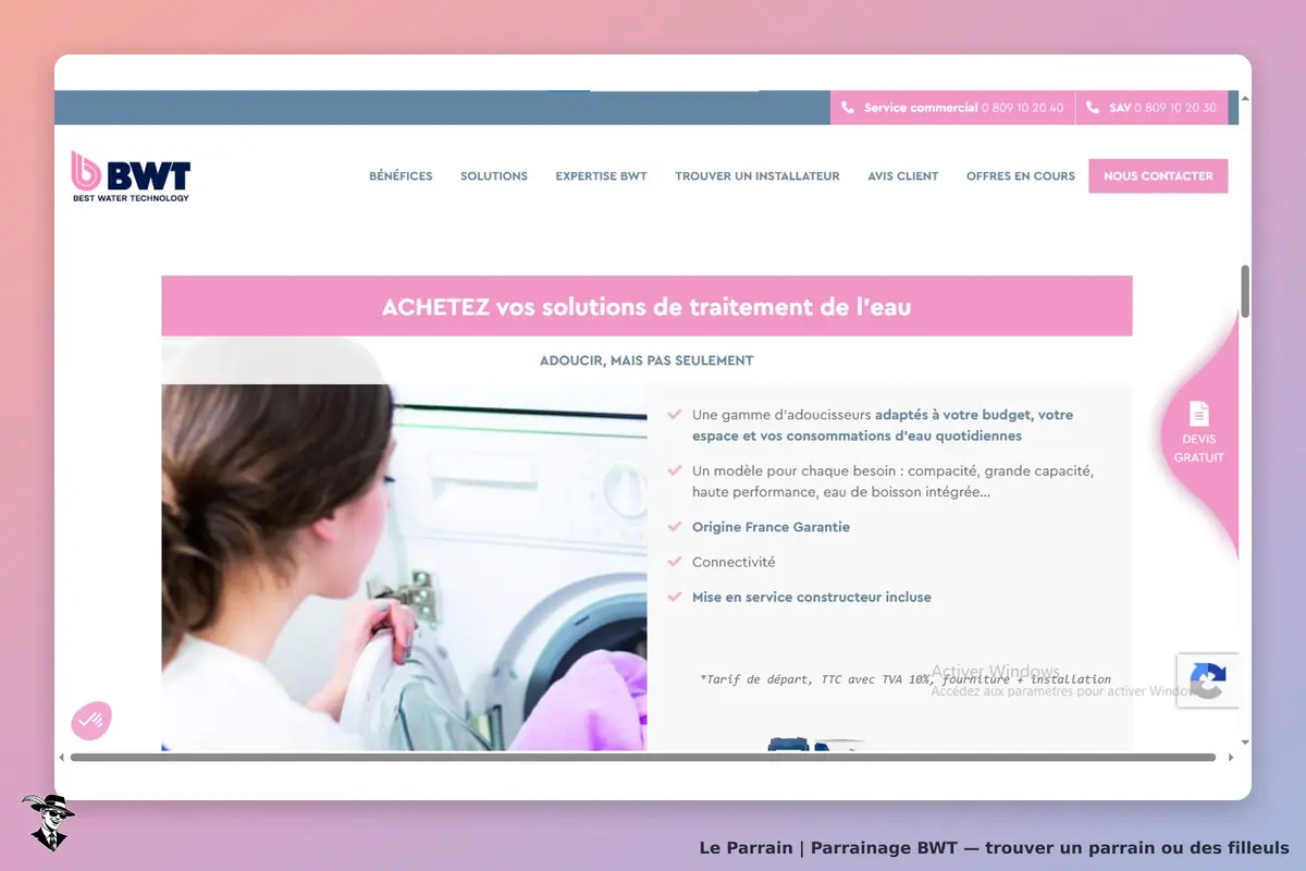 BWT : page d'accueil avec un message sur les solutions de traitement de l'eau et une image