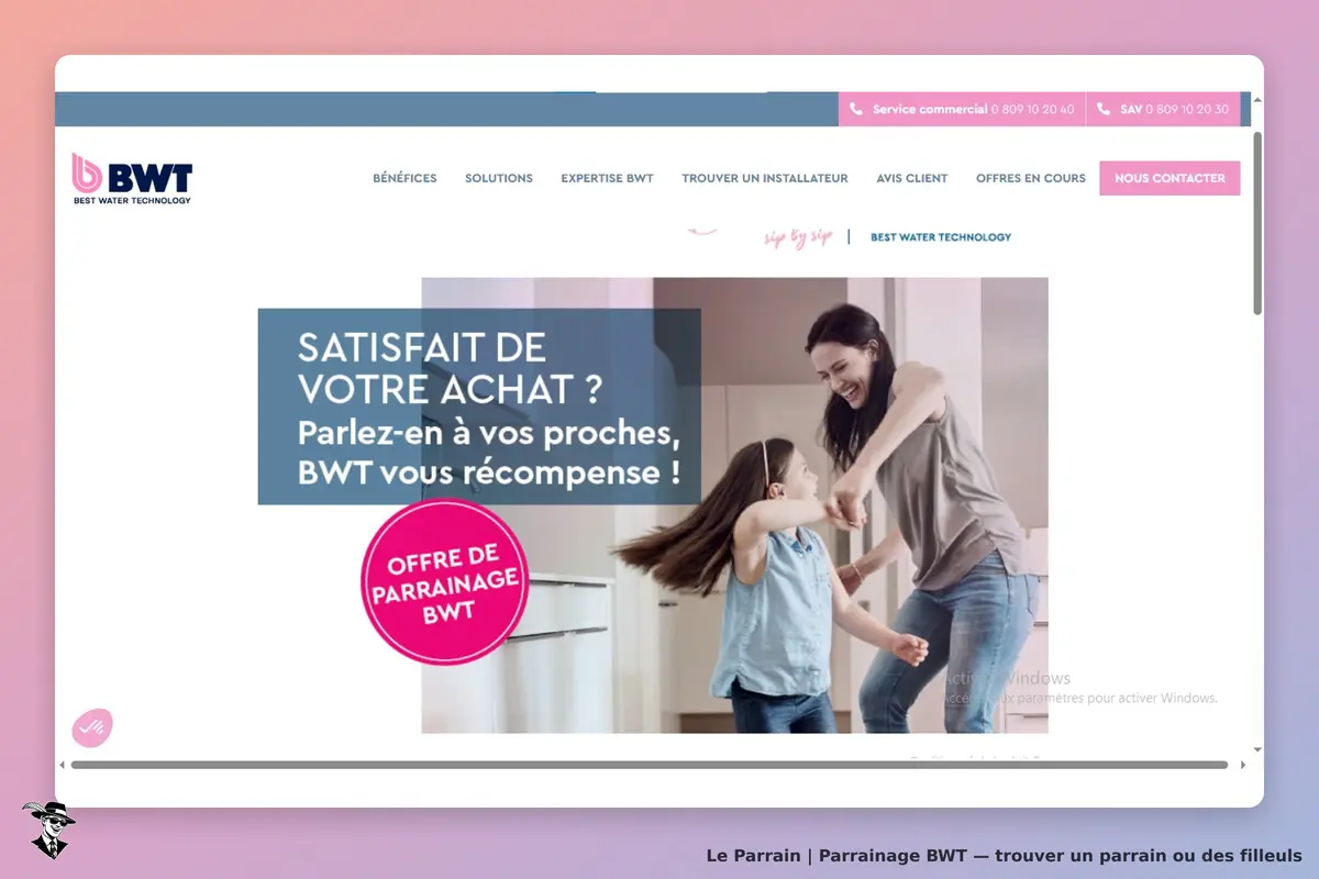 BWT : page d'accueil avec une mère et sa fille dansant, message sur la satisfaction client