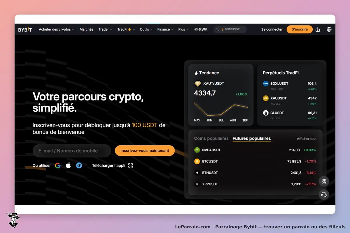 Bybit : page d'accueil avec options d'inscription et tendances des cryptomonnaies affichées