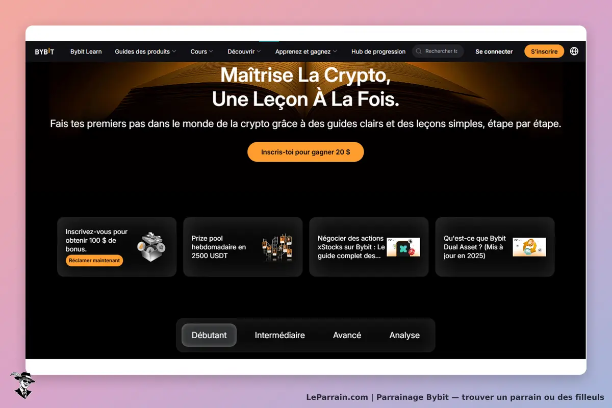 Bybit : page d'accueil avec des guides et options d'inscription pour la crypto-monnaie