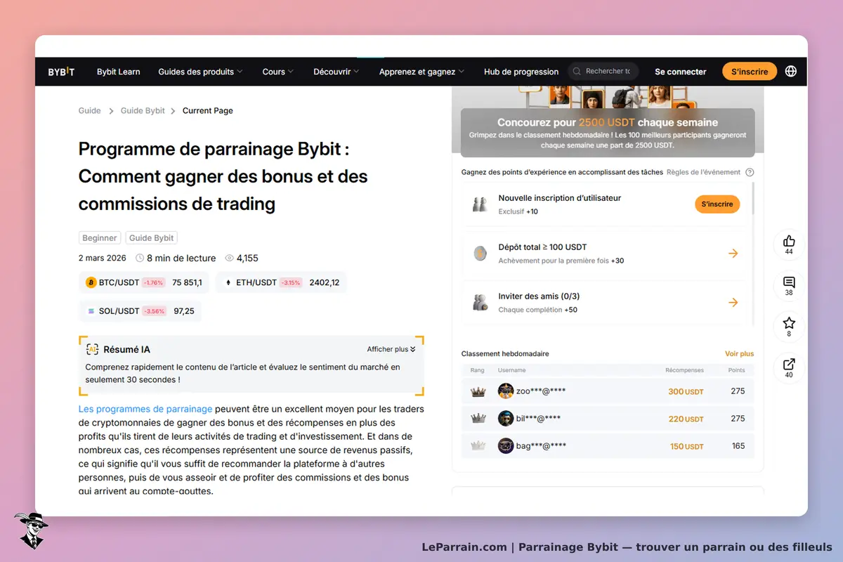 Bybit : page sur le programme de parrainage et classement hebdomadaire des utilisateurs