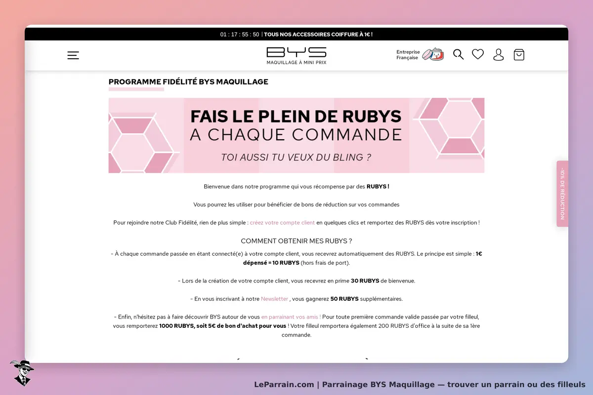 BYS Maquillage : bYS : programme de fidélité avec explications sur l'accumulation de RUBYS