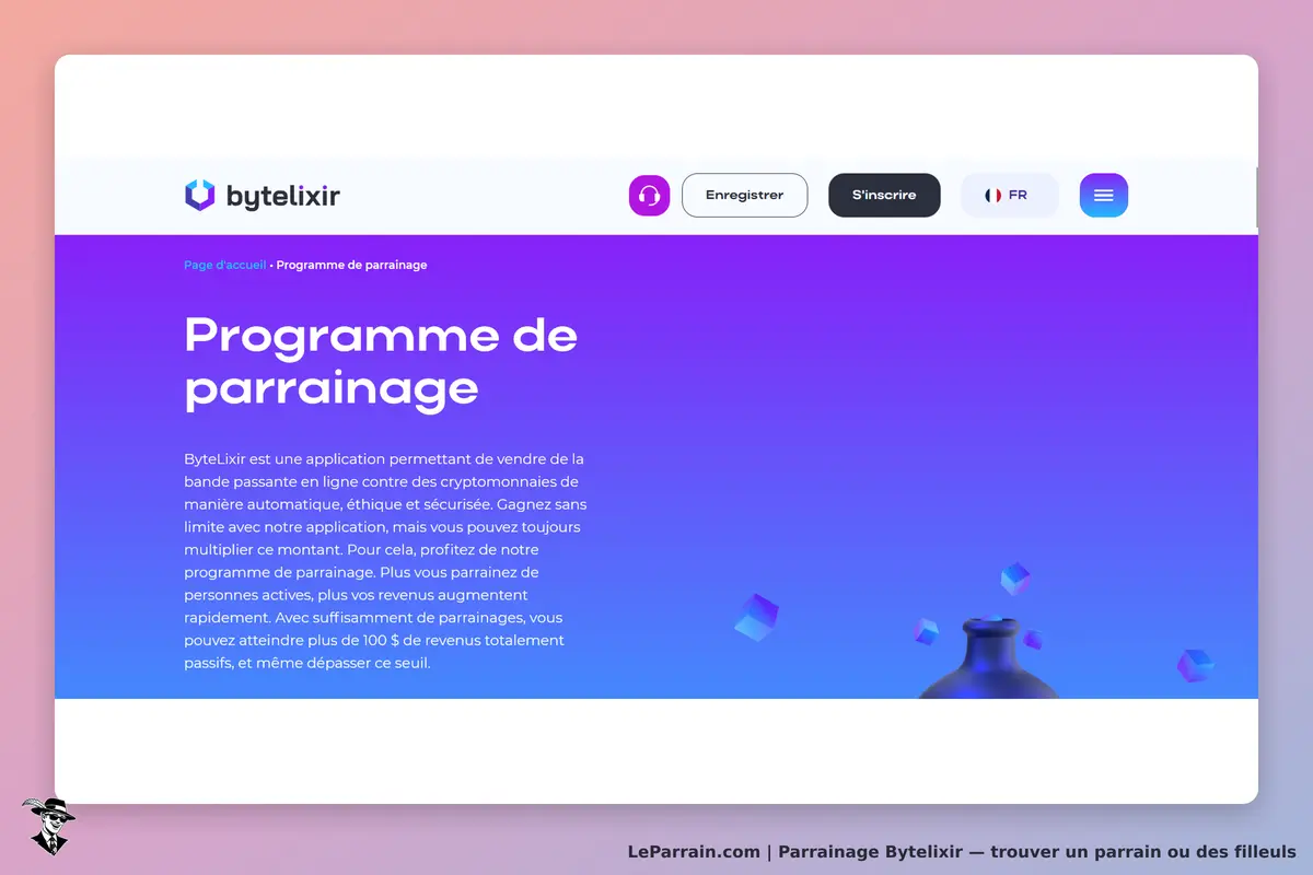 Bytelixir : page d'accueil présentant le programme de parrainage avec un fond dégradé