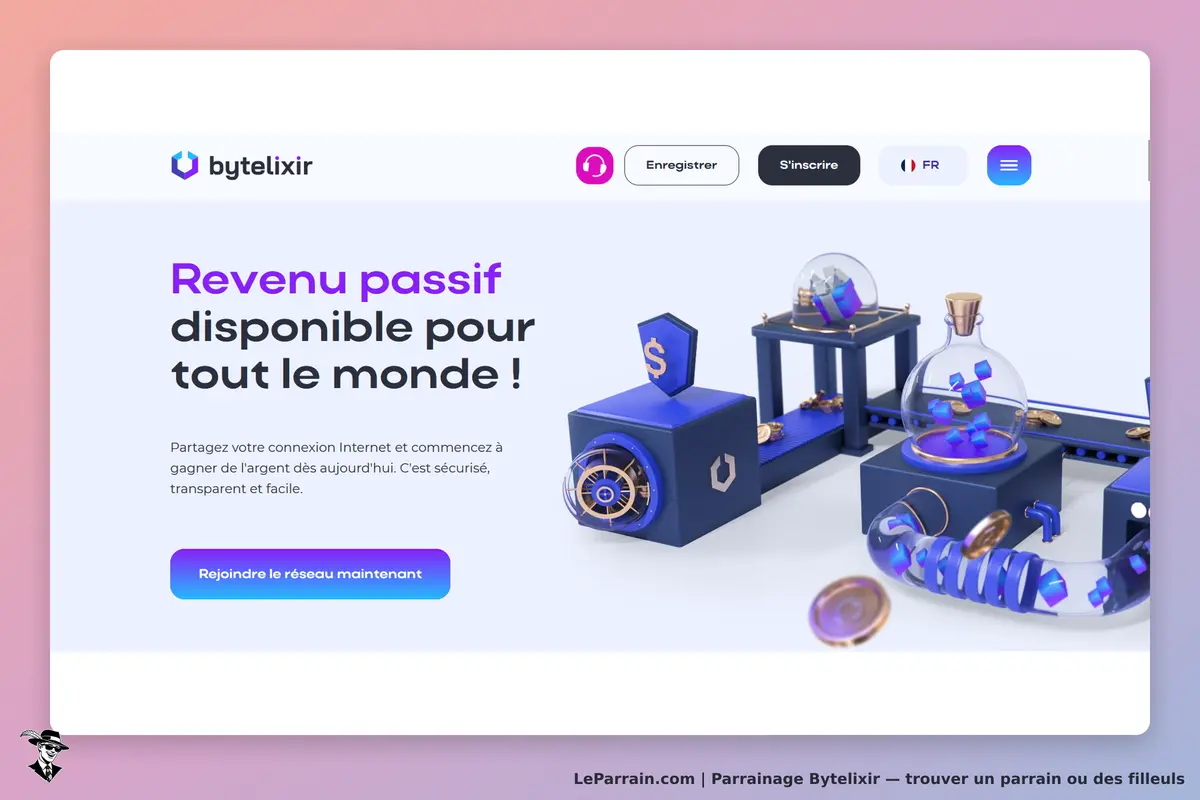 Bytelixir : page d'accueil avec un visuel d'objets en 3D et un bouton pour rejoindre le réseau