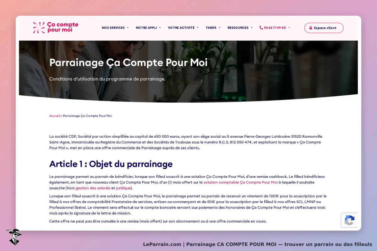 CA COMPTE POUR MOI : page sur le parrainage avec conditions d'utilisation et article explicatif