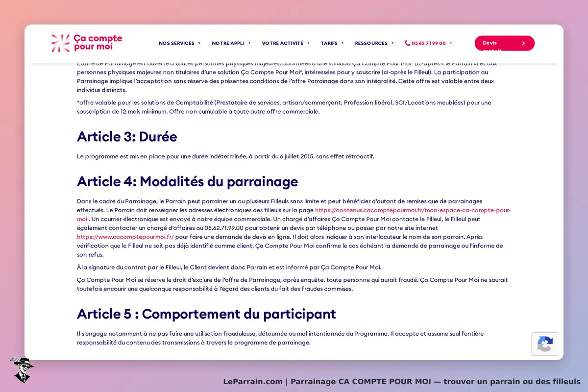 CA COMPTE POUR MOI : texte des articles sur le parrainage et ses modalités affiché en bas de page