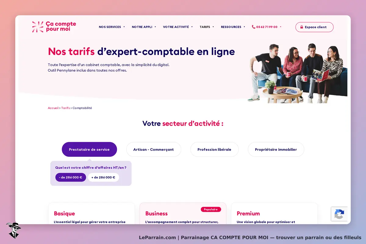 CA COMPTE POUR MOI : page présentant les tarifs d'expert-comptable avec options de secteur
