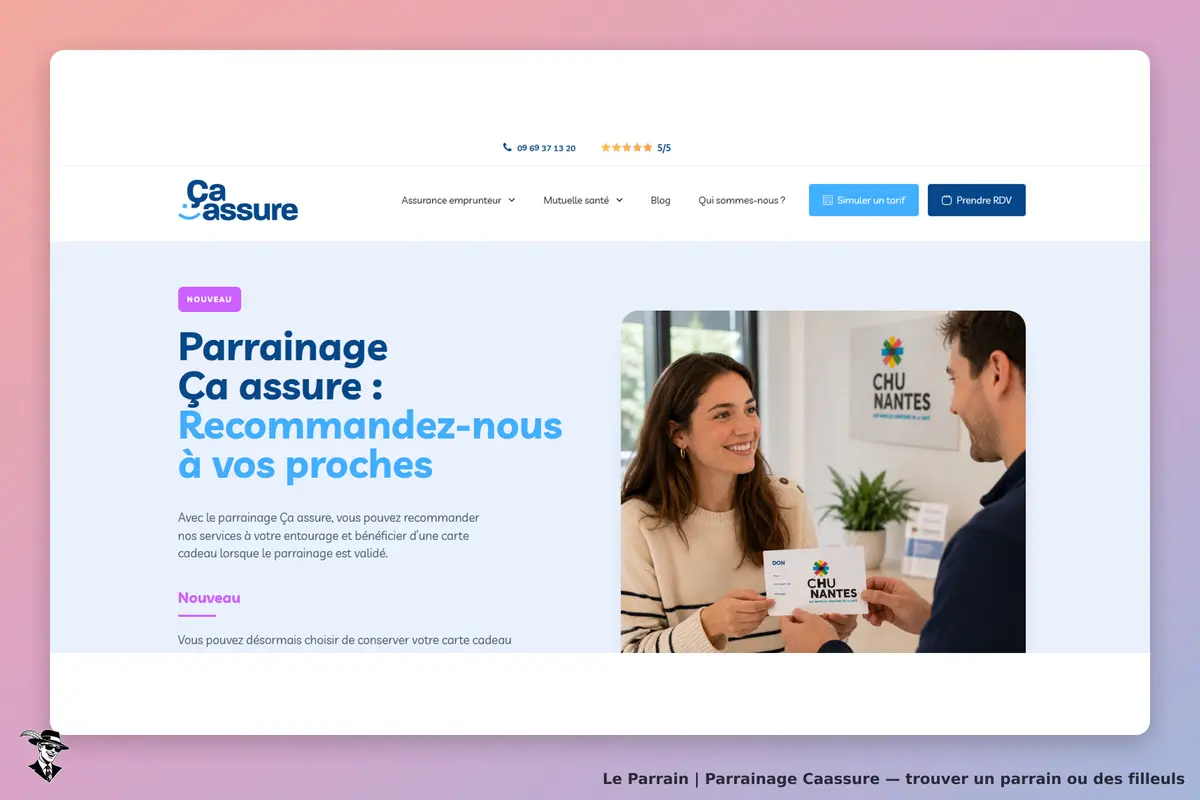 Caassure : page d'accueil avec une présentation du parrainage et deux personnes échangeant un