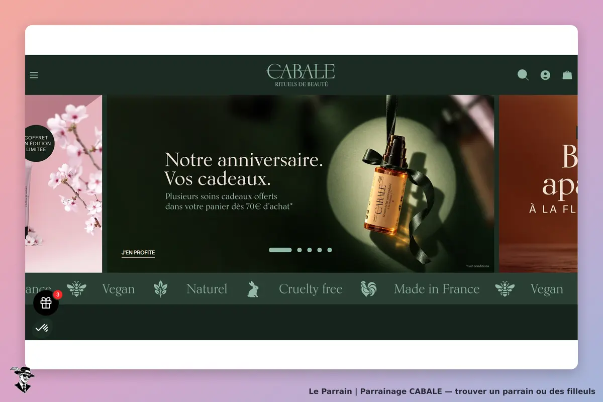 CABALE : page d'accueil avec un sérum suspendu et des éléments graphiques de navigation