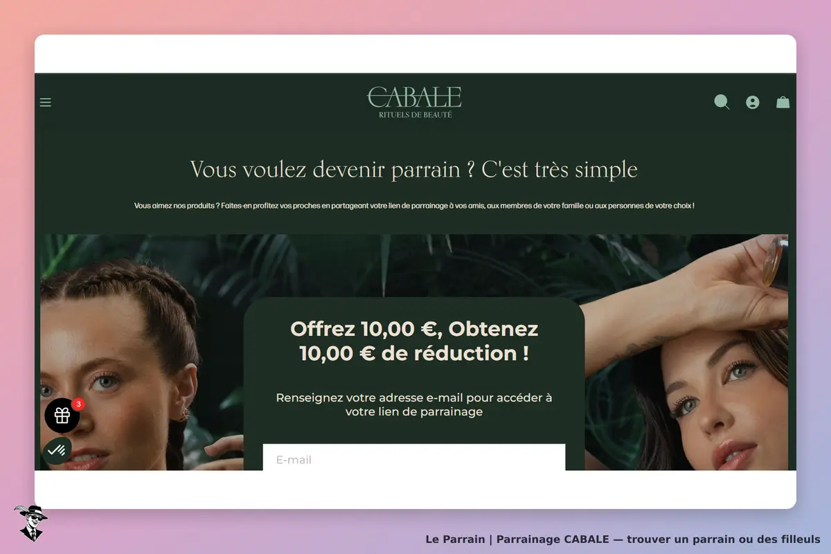 CABALE : page d'accueil avec formulaire pour devenir parrain et saisir une adresse e-mail