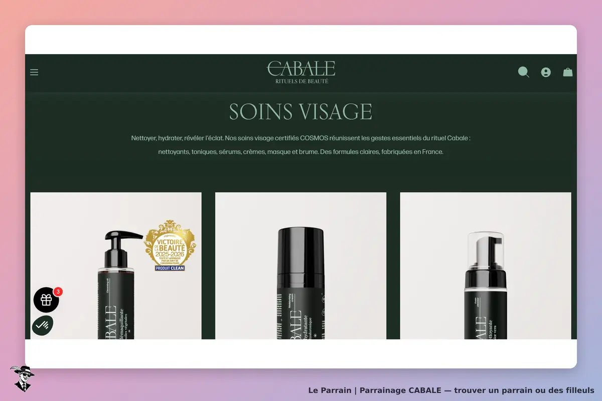 CABALE : page d'accueil avec produits de soins visage et description des rituels de beauté