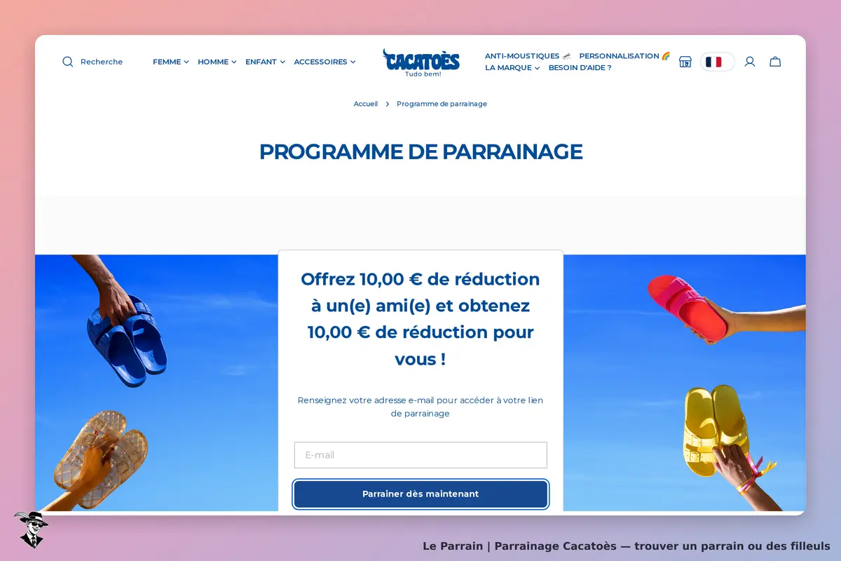 Cacatoès : programme de parrainage avec des chaussures colorées et un formulaire d'inscription
